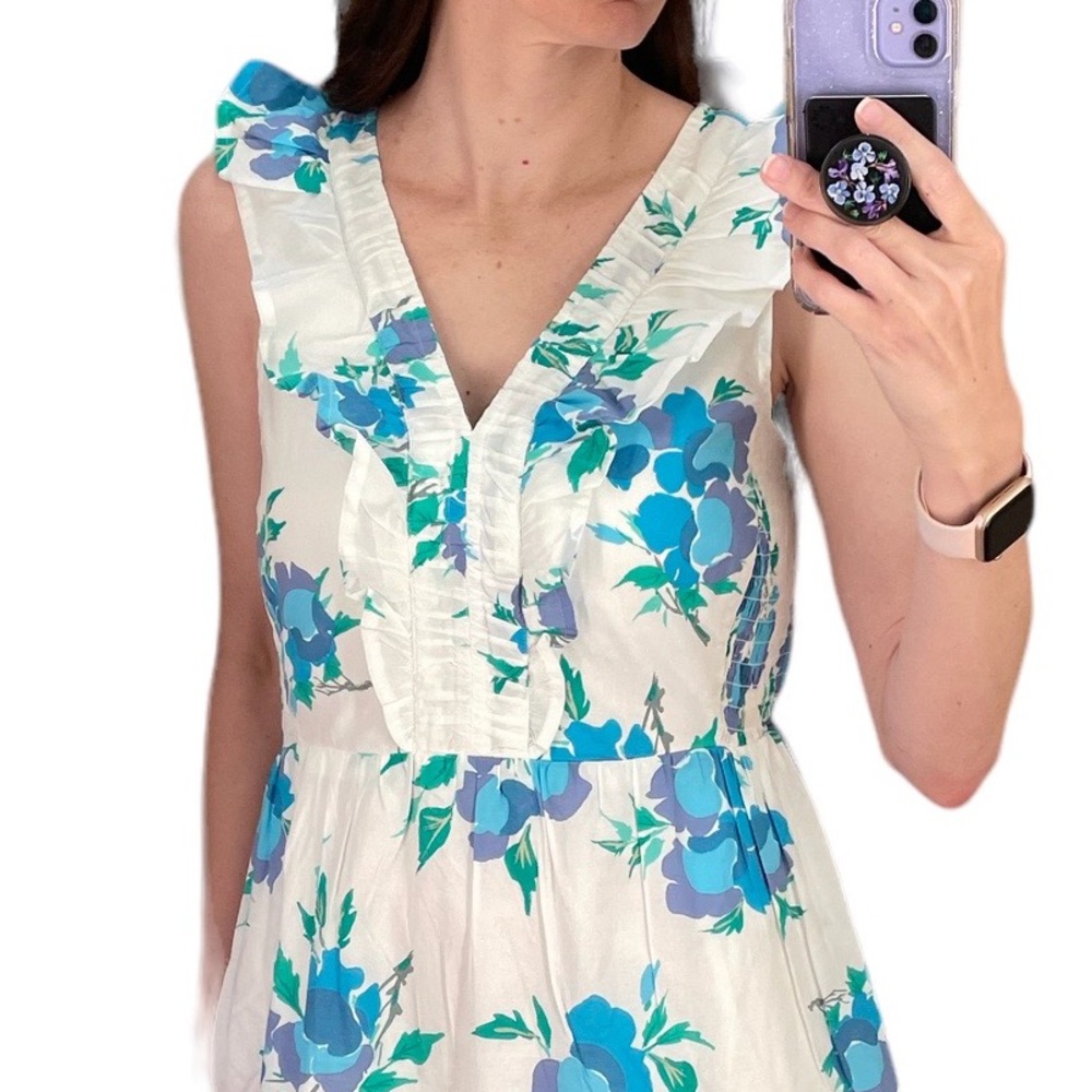 *NWT* J. Crew Printed V-Neck Smocked Midi Dress w/ Pockets, Tiered Swing Dress - Picture 6 of 14